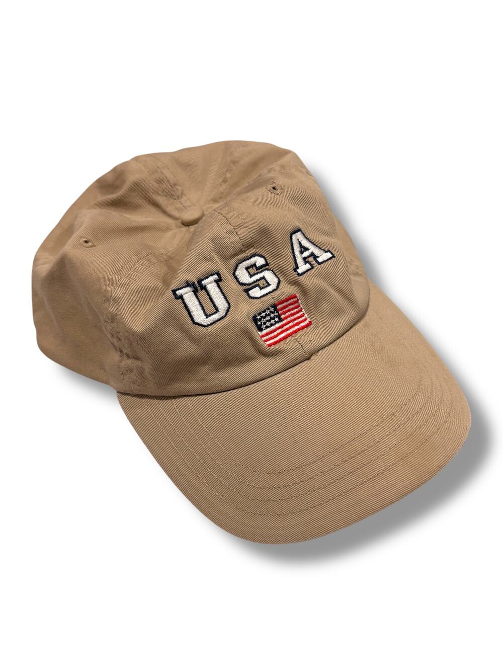 2001 USA Dad Hat Strapback Tan Beige Baseball Cap Preppy Embroidered America Y2K